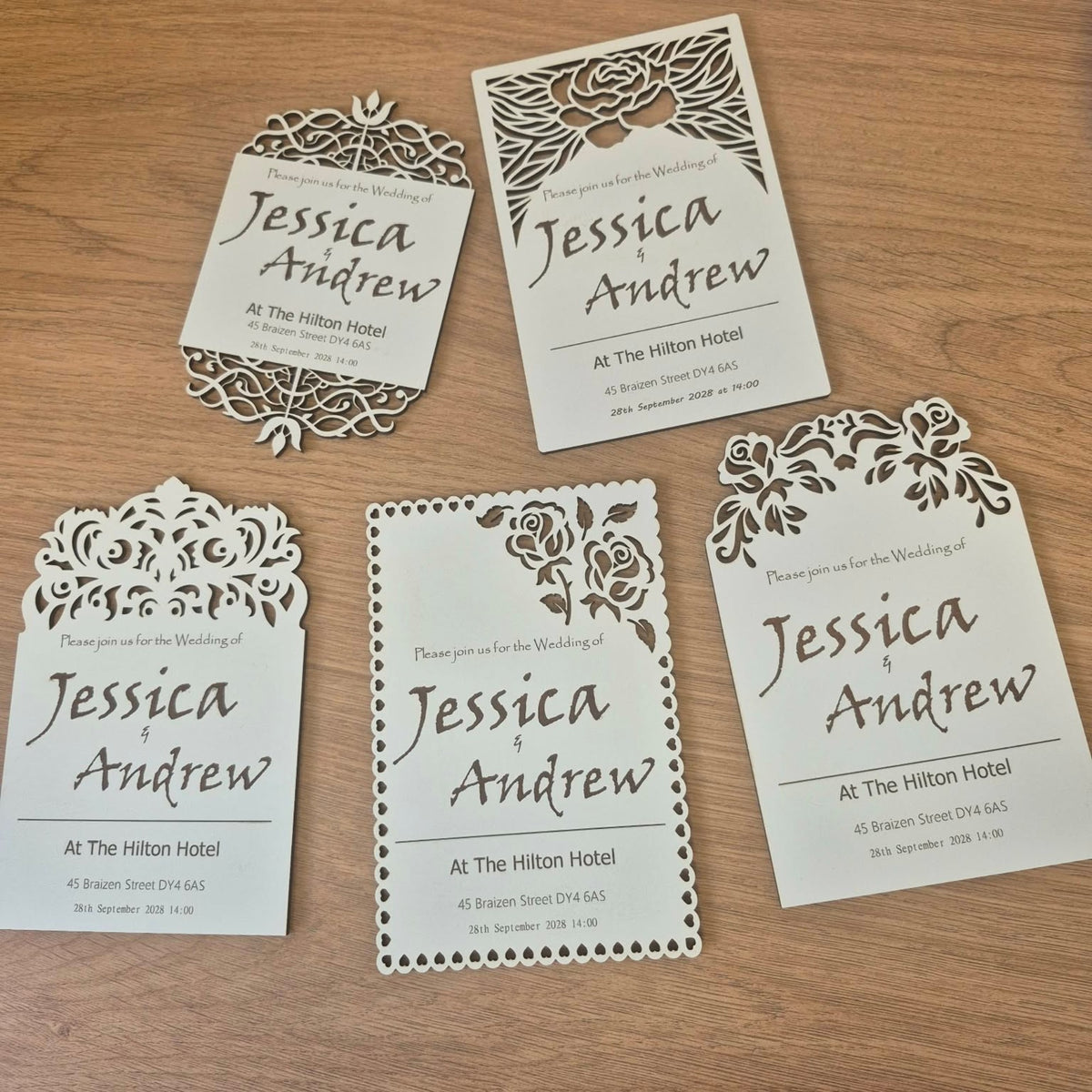 Personalised Laser Cut Wedding Invitations – Elegant Wedding Invites, Custom Names & Details, 5 Designs, White MDF Wedding Stationery, A6 Size, With or Without Envelopes