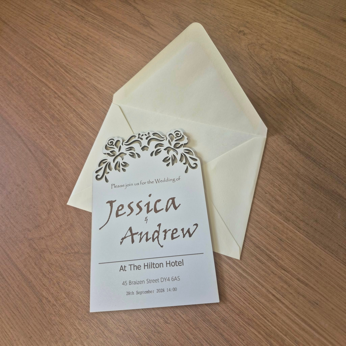 Personalised Laser Cut Wedding Invitations – Elegant Wedding Invites, Custom Names & Details, 5 Designs, White MDF Wedding Stationery, A6 Size, With or Without Envelopes
