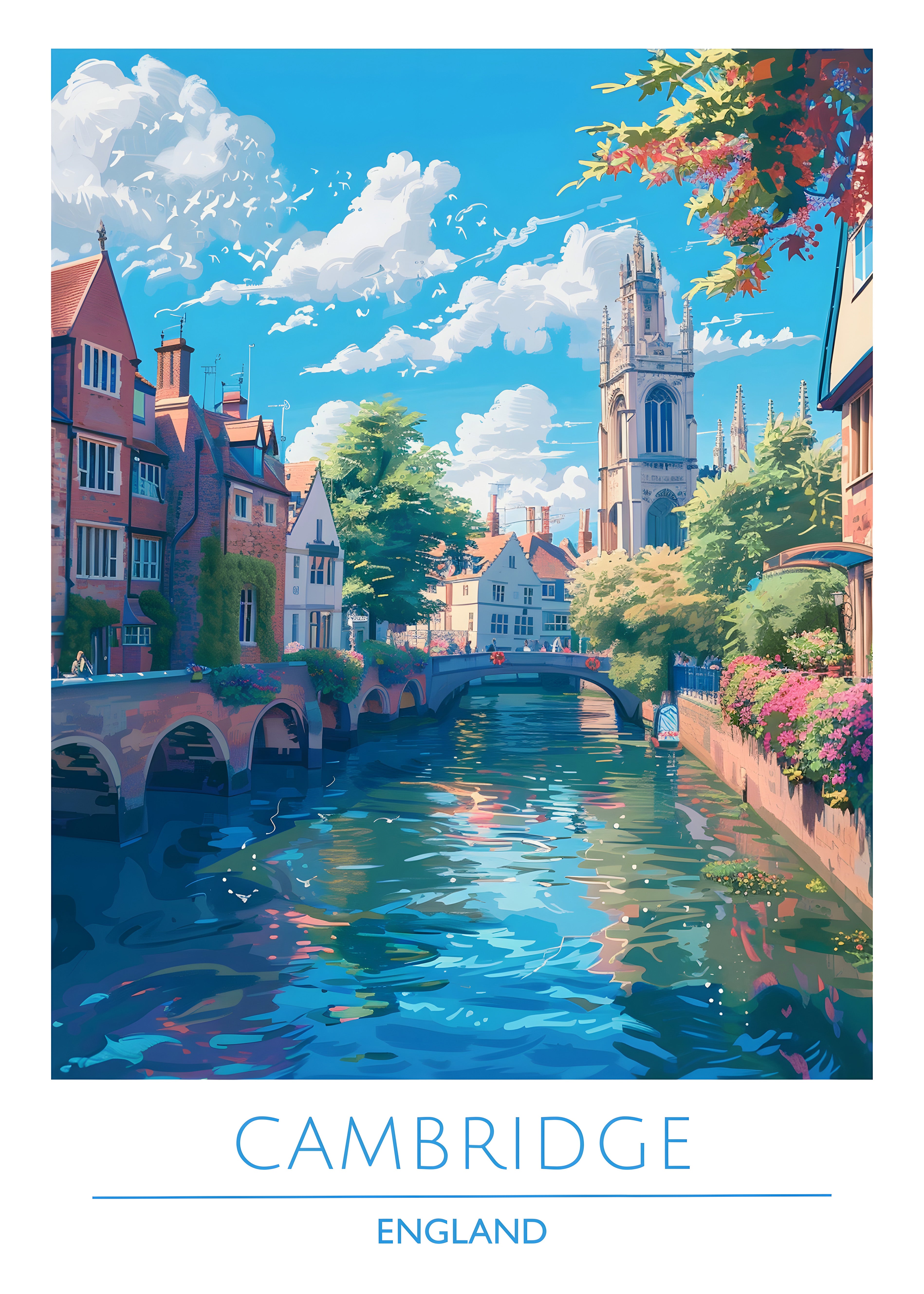 England, Cambridge, Travel Poster