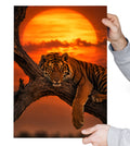 Tiger Wall Art Print A4 A3, Majestic Tiger in Tree Sunset Poster, Wildlife Animal Wall Décor, Big Cat Art Print, Orange Sunset Safari Décor