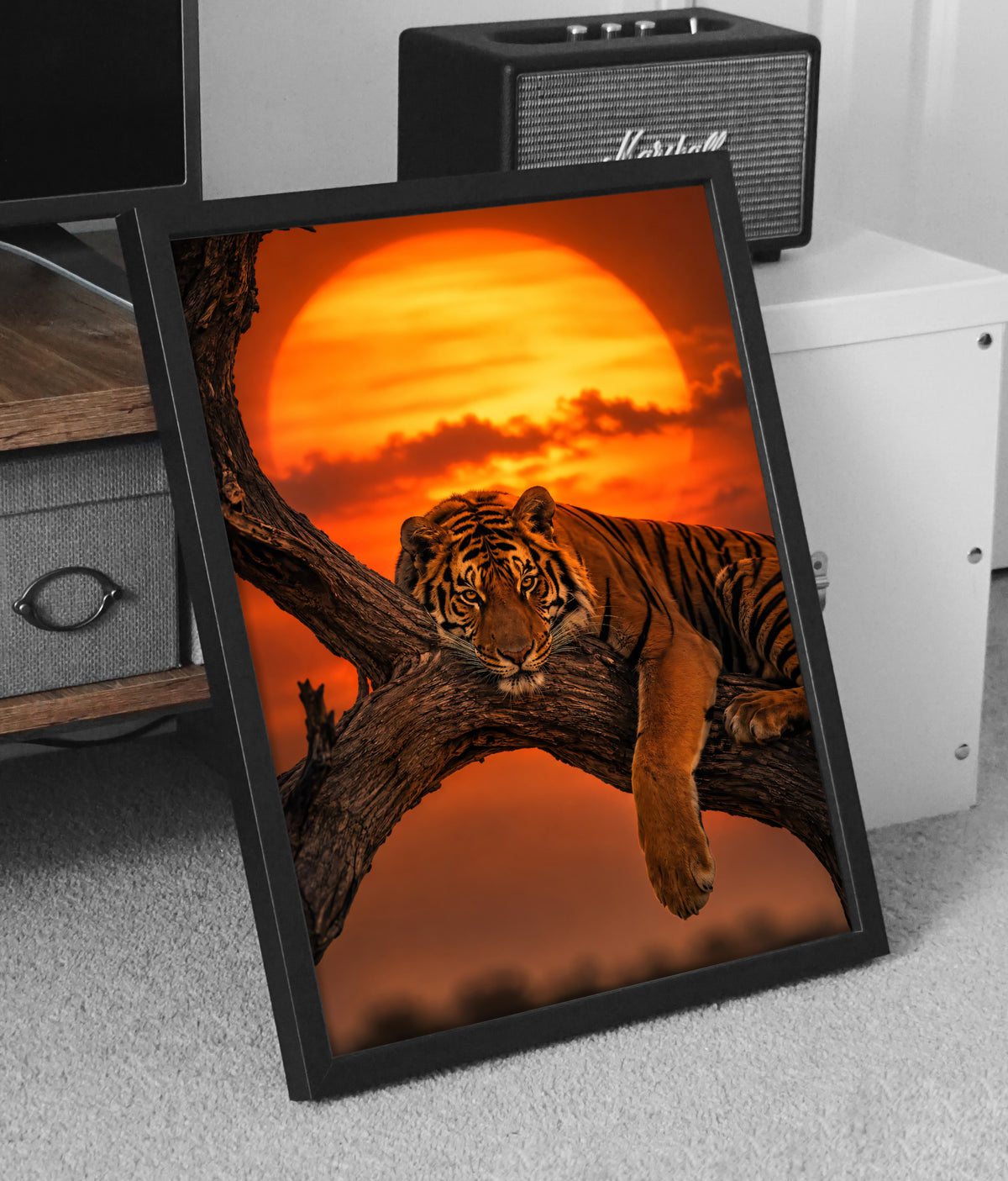 Tiger Wall Art Print A4 A3, Majestic Tiger in Tree Sunset Poster, Wildlife Animal Wall Décor, Big Cat Art Print, Orange Sunset Safari Décor