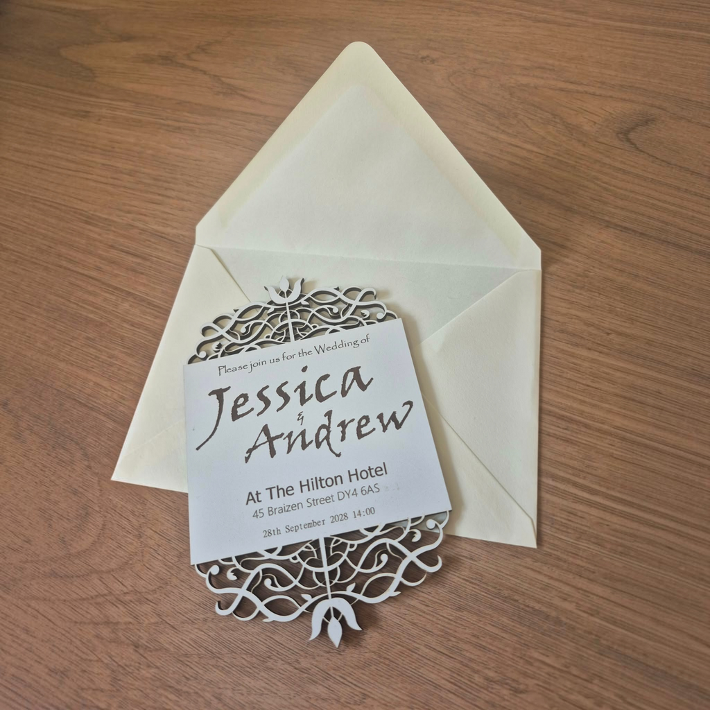 Personalised Laser Cut Wedding Invitations – Elegant Wedding Invites, Custom Names & Details, 5 Designs, White MDF Wedding Stationery, A6 Size, With or Without Envelopes