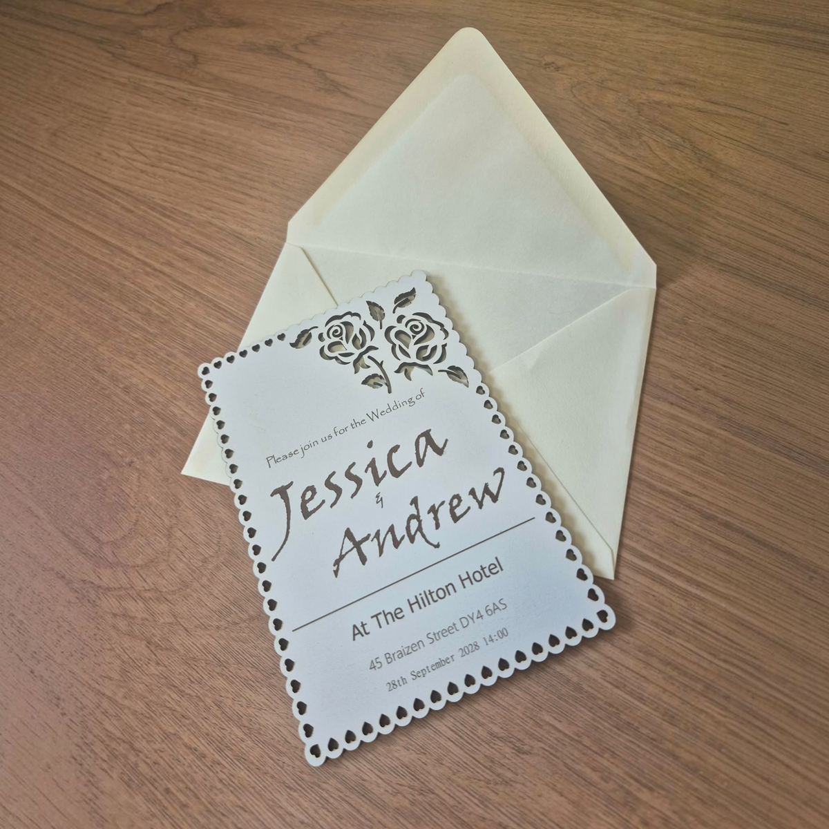 Personalised Laser Cut Wedding Invitations – Elegant Wedding Invites, Custom Names & Details, 5 Designs, White MDF Wedding Stationery, A6 Size, With or Without Envelopes