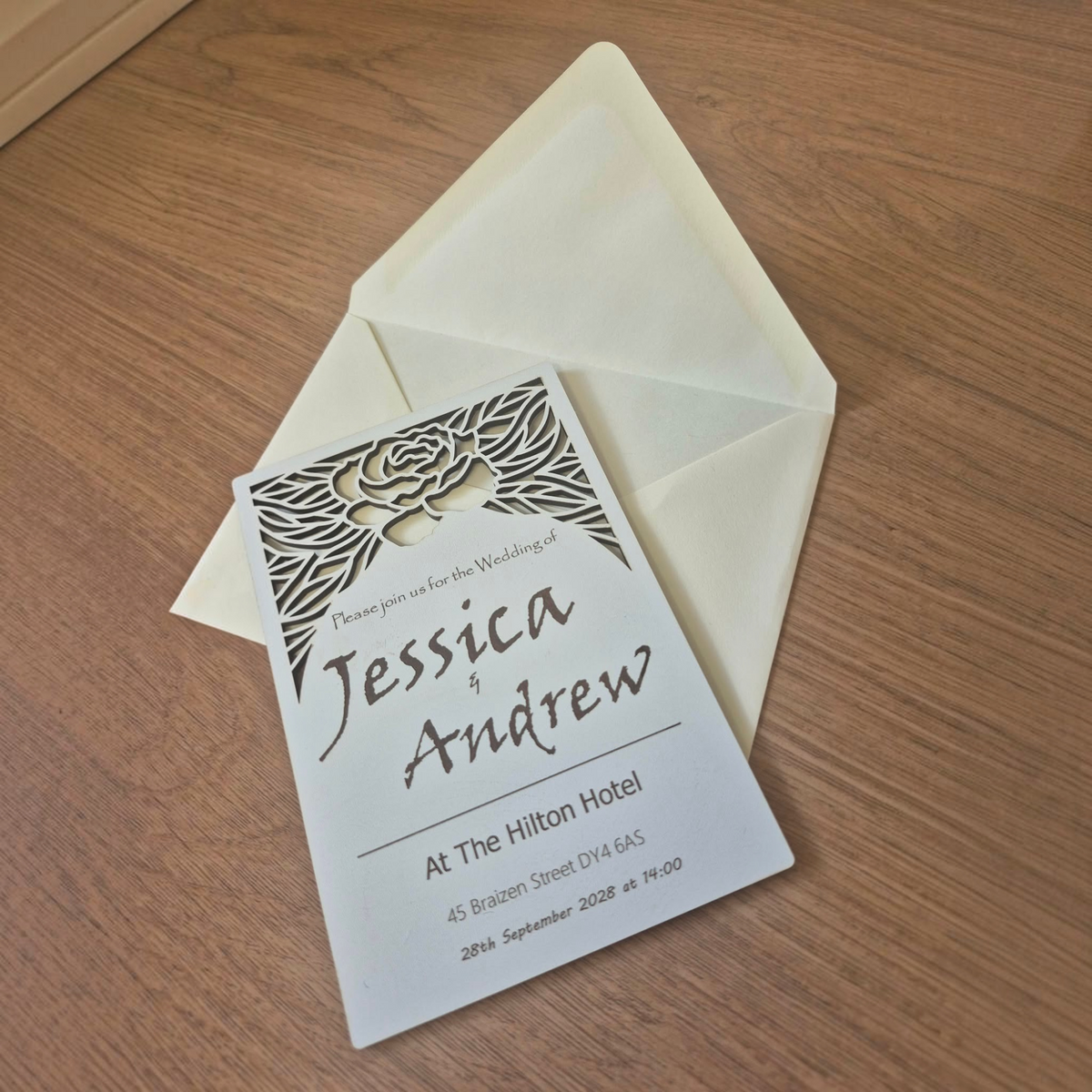 Personalised Laser Cut Wedding Invitations – Elegant Wedding Invites, Custom Names & Details, 5 Designs, White MDF Wedding Stationery, A6 Size, With or Without Envelopes