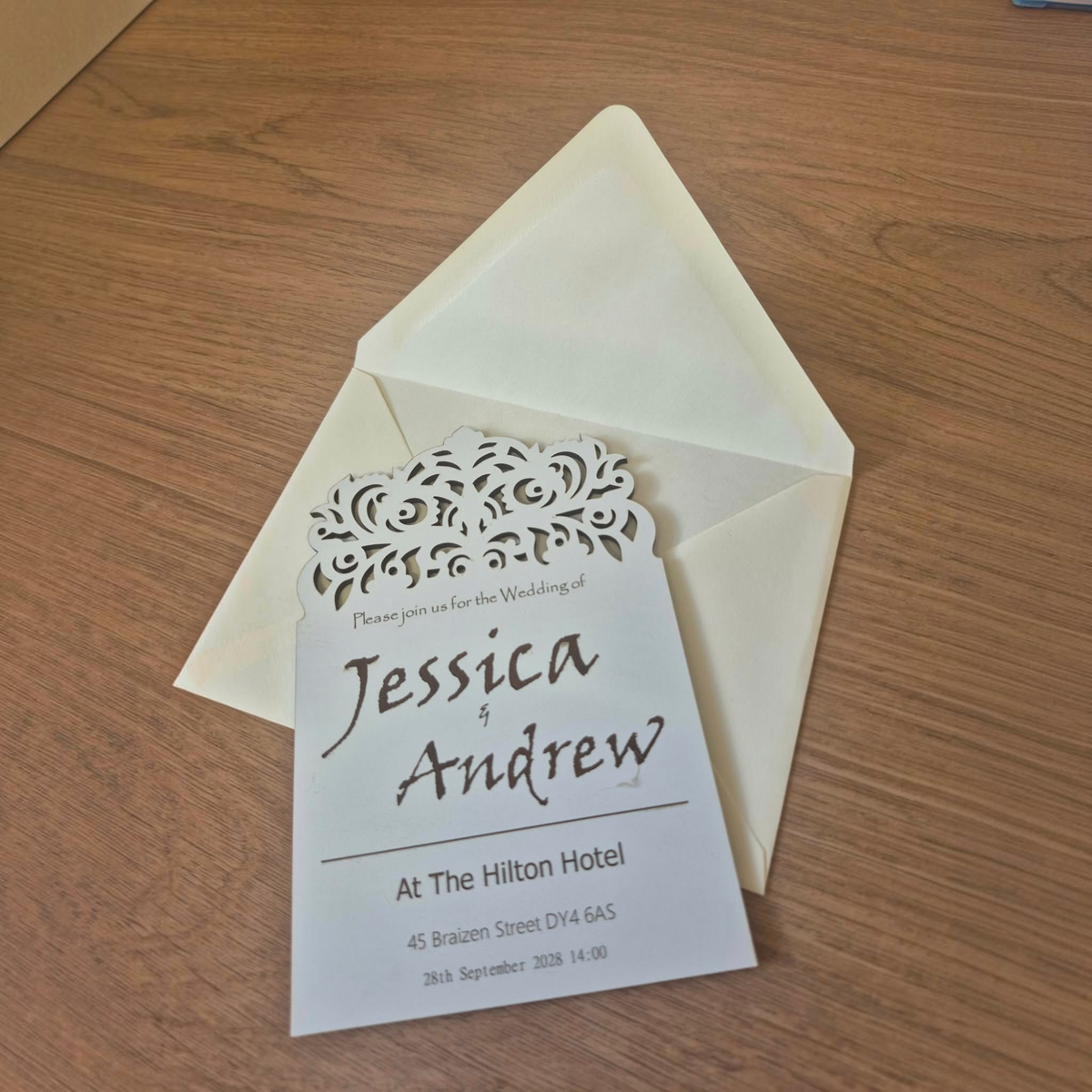 Personalised Laser Cut Wedding Invitations – Elegant Wedding Invites, Custom Names & Details, 5 Designs, White MDF Wedding Stationery, A6 Size, With or Without Envelopes