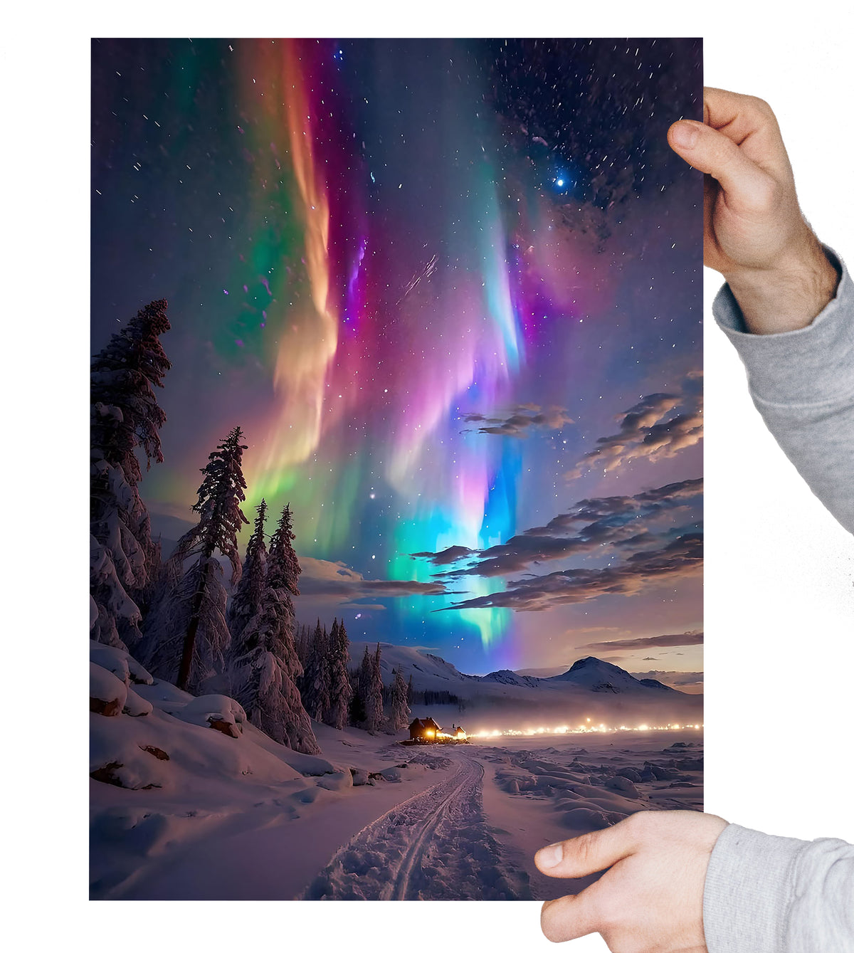 Northern Lights Wall Art Print – Aurora Borealis Snowy Winter Landscape with Cosy Cabin, Mountains & Pine Forest – A4 or A3 Wall Décor